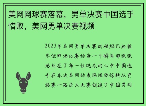 美网网球赛落幕，男单决赛中国选手惜败，美网男单决赛视频