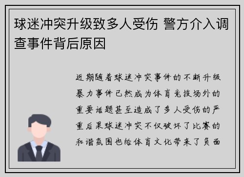 球迷冲突升级致多人受伤 警方介入调查事件背后原因