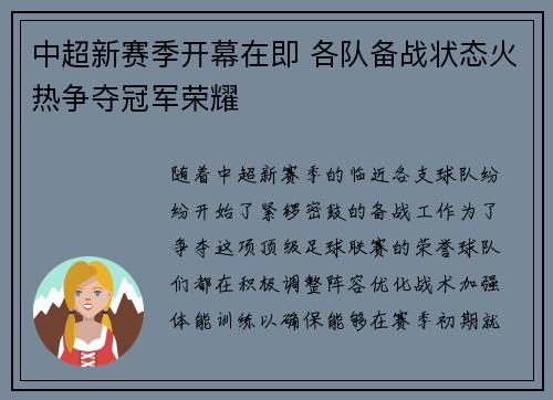 中超新赛季开幕在即 各队备战状态火热争夺冠军荣耀