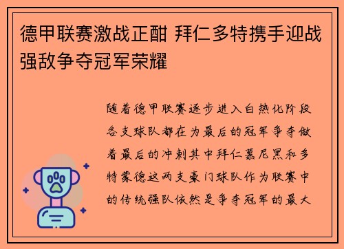 德甲联赛激战正酣 拜仁多特携手迎战强敌争夺冠军荣耀