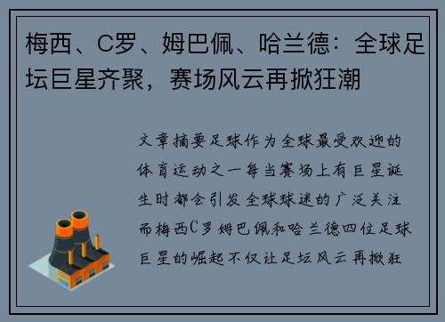 梅西、C罗、姆巴佩、哈兰德：全球足坛巨星齐聚，赛场风云再掀狂潮